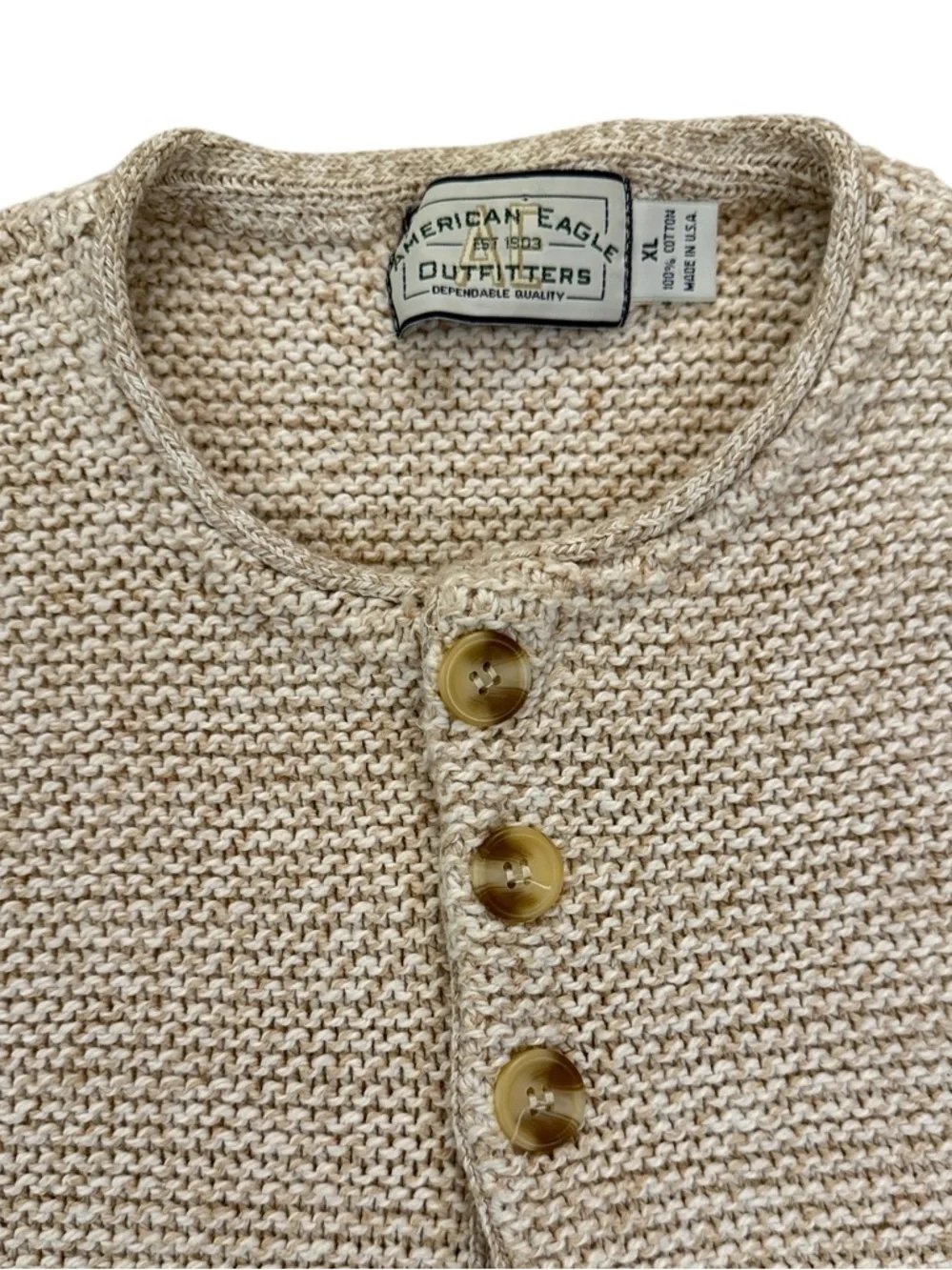 Vintage Y2K American Eagle Henley Sweater Tan Cotton USA XL Textured Rolled Neck - Picture 3 of 13